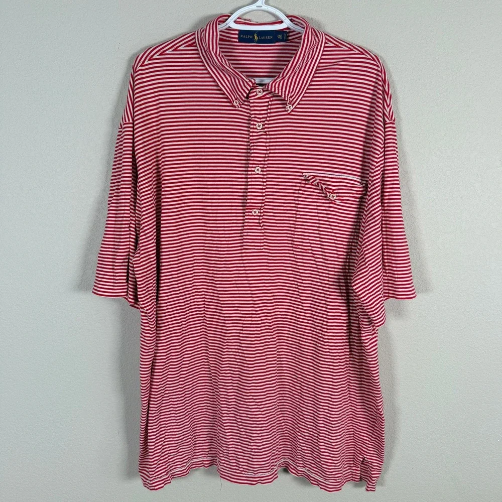 Ralph Lauren Polo Shirt‎ Mens 2XLT Red White Striped Pocket Cotton read